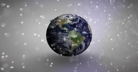 Floating real Earth globe showing Americas rotating above CGI gradient, with Illustrazione stock
