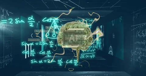 Floating realistic 3D brain model linking to holographic panels in dark chamber, Illustrazione stock