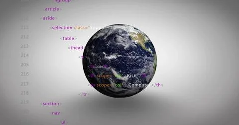 Floating realistic Earth globe hovering at neutral gray gradient backdrop, with Stock-Illustration