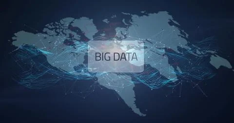 Floating rectangle label reading BIG DATA over navy world map showing blue-cyan Illustrazione stock