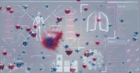 Floating red and blue virus particles drifting in lab interface, with body Stock Illustration