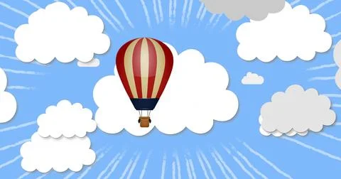 Floating red-and-cream hot air balloon drifting in bright blue sky, with layered Stock Illustration