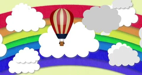 Floating red-and-cream striped hot air balloon drifting in cut-paper sky, with Stock Illustration