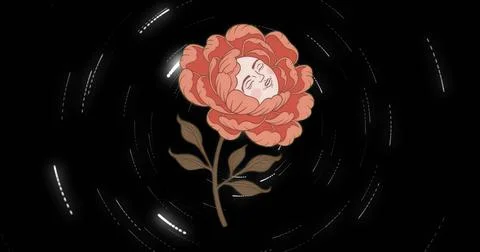 Floating red bloom showing human-like face against cosmic void, with stem, イラスト素材