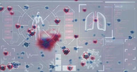 Floating red-blue spiky virus particle drifting in medical dashboard interface, Illustrazione stock