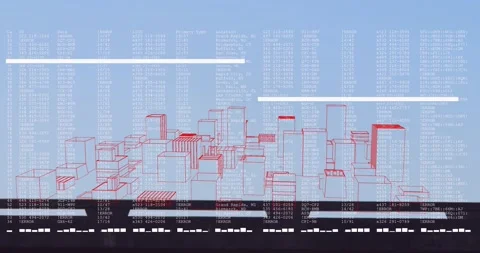 Floating red boxes appearing, aligning, stacking into wireframe city over dark 스톡 동영상 329550623