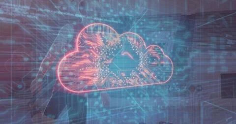 Floating red cloud icon showing circuit lines in virtual space with grid-lines, Stock Photos
