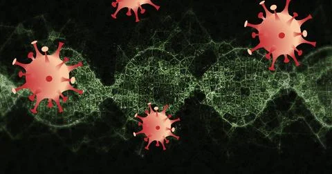 Floating red covid particle rotating in digital network backdrop, with glowing Ilustración de archivo