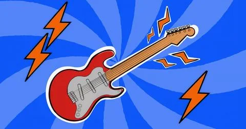 Floating red electric guitar hovering above radial blue swirl, with lightning Stock Illustration