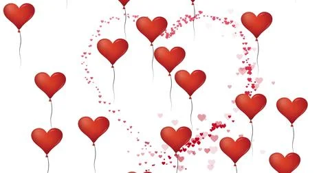 Floating red heart balloons drifting on white backdrop, thin strings and 스톡 일러스트