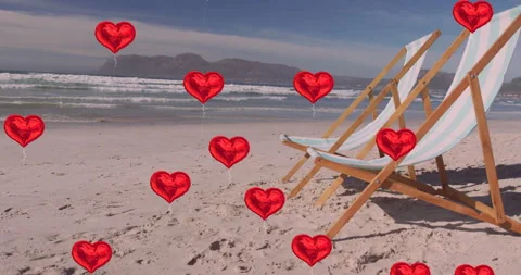 Floating red heart balloons over deck chairs on beach with animation elements Stock Footage 305122084