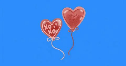 Floating red heart-shaped balloons with XOXO pattern against blue background, Stock Illustration