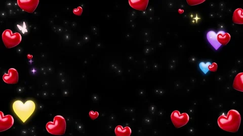 Floating red hearts and glowing stars animation against deep black background Stock Footage 345102530