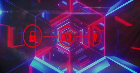 Floating red icon trio connecting via thin red line in neon hexagonal tunnel, Stock Illustration