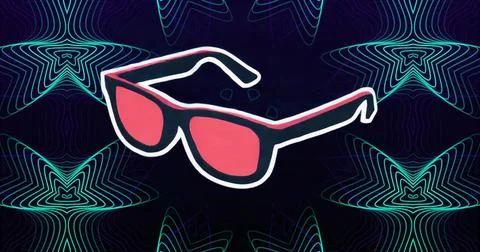 Floating red-lensed black-framed sunglasses over navy background with glowing Stock Illustration