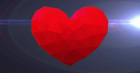 Floating red low-poly heart hovering in dark blue-gray gradient, showing whit Stock Illustration