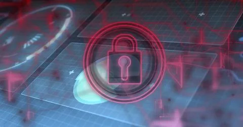 Floating red padlock icon hovering over holographic interface with grid panels Stock Photos