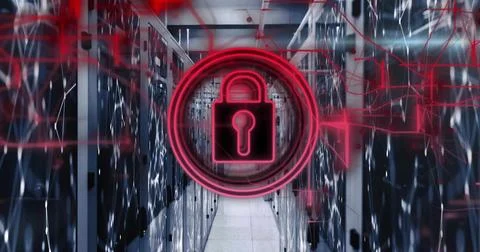 Floating red padlock icon overlay above data center aisle, with server racks, 스톡 사진