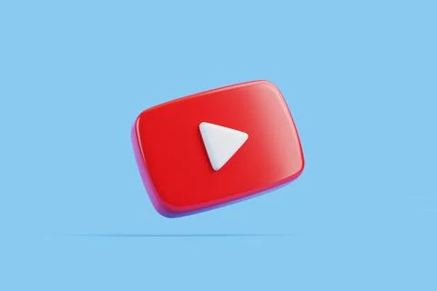 Floating red play button icon on blue Stock Illustration