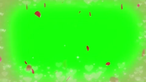 Floating red rose petals falling over green screen with glowing heart shape Stock Footage 345335133