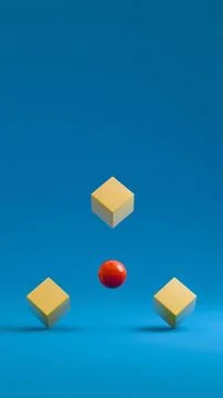 Floating red sphere and yellow cubes on blue background in 3D render.... Stock Photos