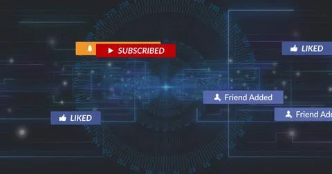 Floating red SUBSCRIBED button glowing on tech dashboard with blue LIKED tags  Stock Photos