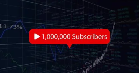 Floating red subscriber bubble displaying play icon over dashboard with lines Stock Photos