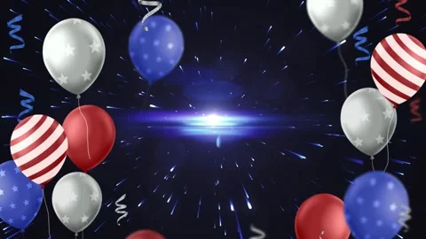 Floating Red White and Blue Balloons with Confetti and Light Flares in a Stock-Footage 338332328
