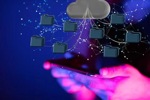 Floating render of a cloud with an interconnected network of data files Stock Photos
