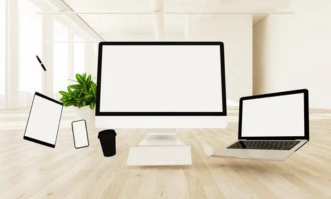 Floating responsive devices 3d rendering Illustrazione stock