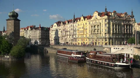 Floating Restautants on the Vltava River - Prague, Czech Repbublic Stock Footage 27270886