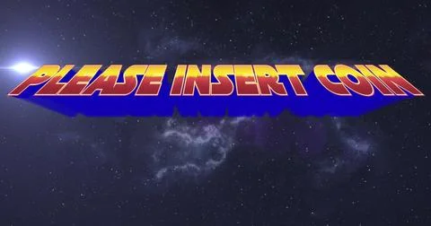 Floating retro arcade style 3D text reading PLEASE INSERT COIN in outer space, Stock Illustration