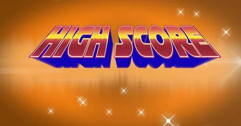 Floating retro HIGH SCORE text glowing on arcade background, with blue shadow Stock Illustration