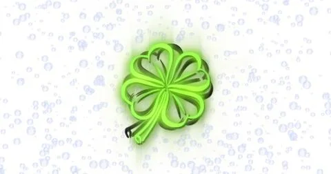 Floating ribbon four-leaf clover glowing green, casting drop shadow on white Illustrazione stock