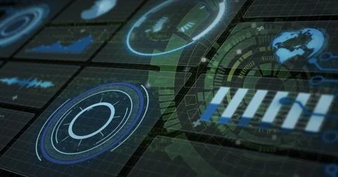 Floating ring chart at left of cockpit, with gauges, bars, waveform, world map, Stock Illustration