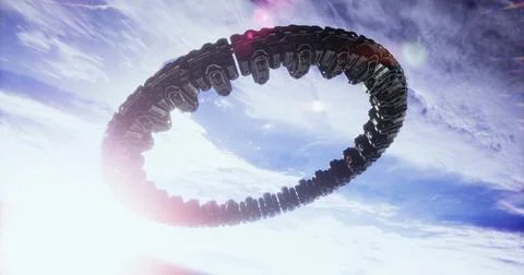Floating ring structure in the sky with clouds and sunlight Illustrazione stock