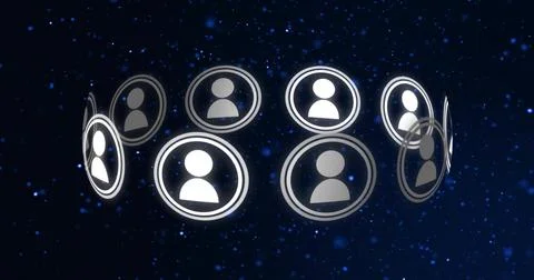 Floating ring of user avatar icons moving across dark blue background, glowing 스톡 일러스트