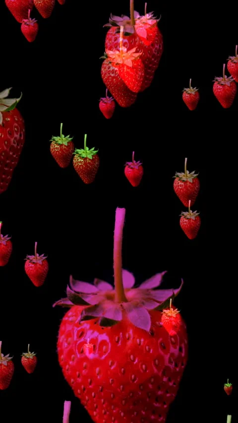 Floating Ripe Strawberries on Black Background Fresh Red Fruit Pattern vert.. Stock Footage 337738091