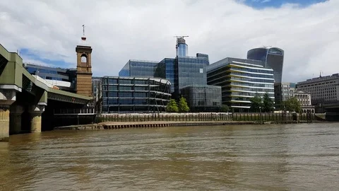 Floating on the River Thames toward London Bridge, 4K Stock Footage 110352562