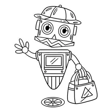 Floating Robot with a Bag Isolated Coloring Page Stock Illustration