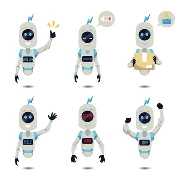 Floating robots set with various emotions and scenes - flat vector illustration Illustrazione stock