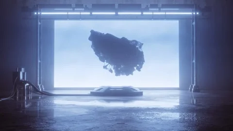 Floating rock hovering before a giant glowing screen Stock Footage 346781245