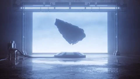 Floating rock hovering before a giant glowing screen Stock Illustration