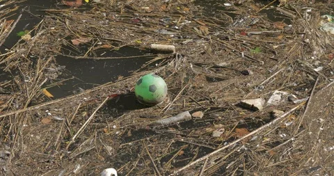 Floating rubbish pollution on river with bottles cup and ball Stock Footage 101407571