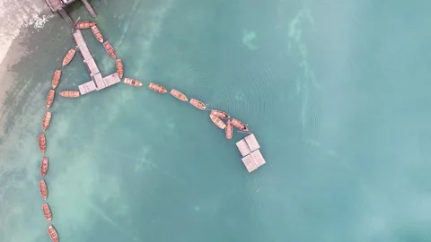 Floating safety barriers and platform in clear coastal water Stock Footage 345166646