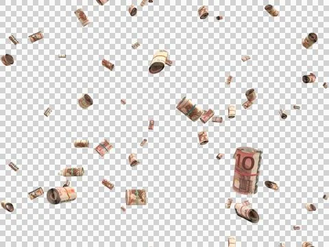 Floating Scattered Rolled Up Money Banknotes Transparent Overlay 10 Euro Stock Illustration