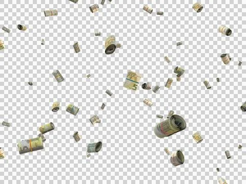 Floating Scattered Rolled Up Money Banknotes Transparent Overlay 5 Euro Stock Illustration