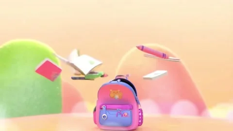Floating School Backpack with Flying Books and Stationery in Cute 3D Cartoon Ani Stock Footage 340264152
