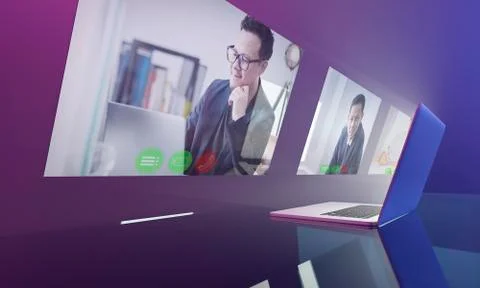 Floating screen laptop flat design, online video conference meeting and busin Stock Photos