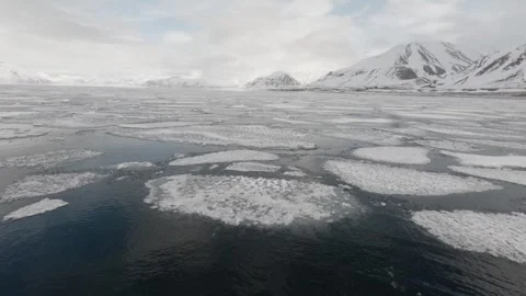 Floating Sea Ice and Snow Covered Mountains in Svalbard Fjord, Norway Stock Footage 336689448